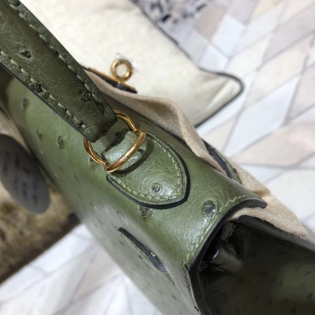 Hermes Kelly25CM 爱马仕V6丛林绿南非鸵鸟皮凯莉包 金扣