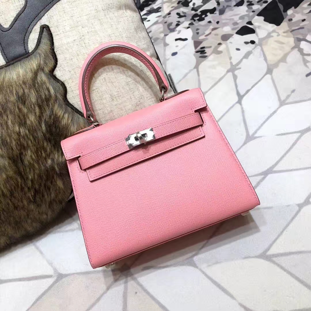 Hermes Kelly20CM 爱马仕奶昔粉原厂Epsom牛皮凯莉包 银扣