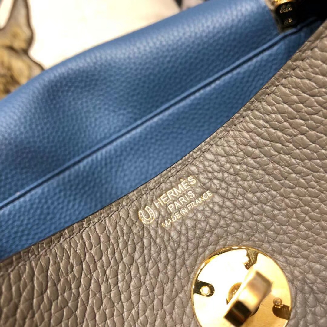 爱马仕拼色琳迪包 Hermes Lindy30CM 锡器灰拼玛瑙蓝原厂TC牛皮 金扣