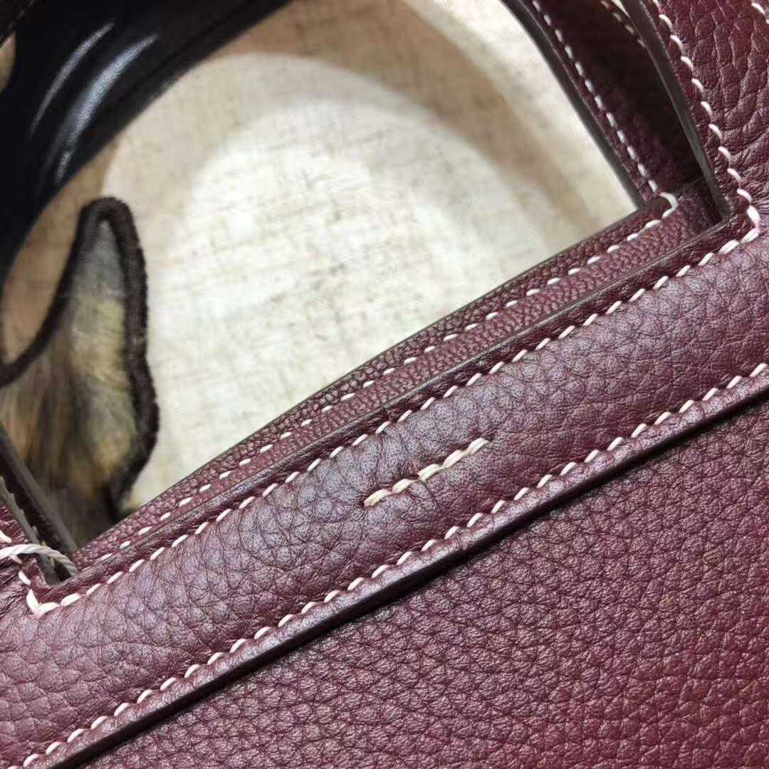 Hermes Halzan31CM 爱马仕波尔多酒红原厂Clemence牛皮手提包 银扣