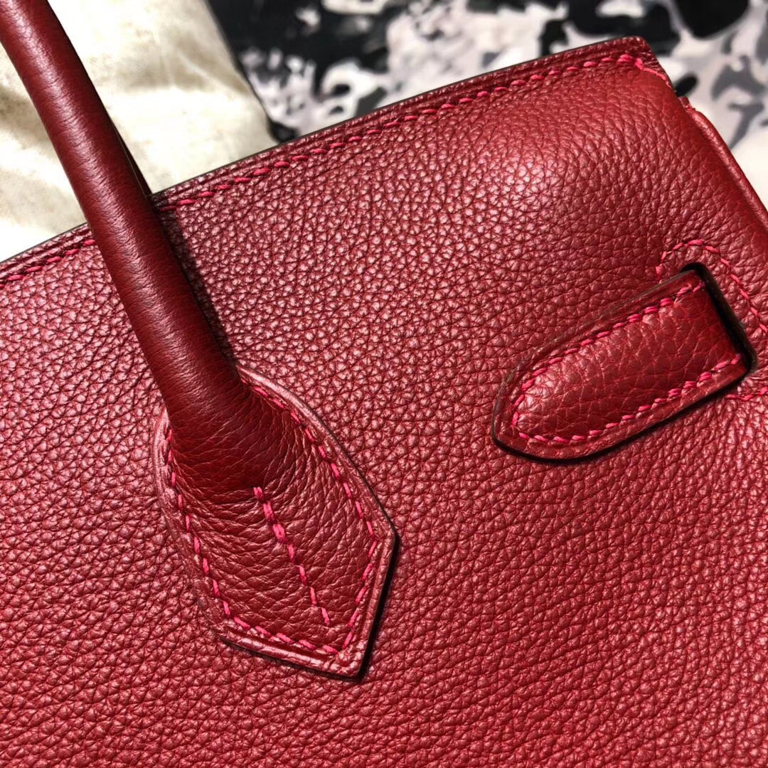 Hermes包包官网 爱马仕原厂Togo小牛皮Birkin30铂金包 爱马仕红 金扣