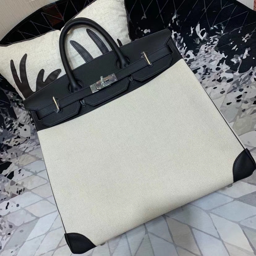 爱马仕新款包包 Hermes HAC 黑色Swift牛皮拼帆布手提包40*45CM 银扣