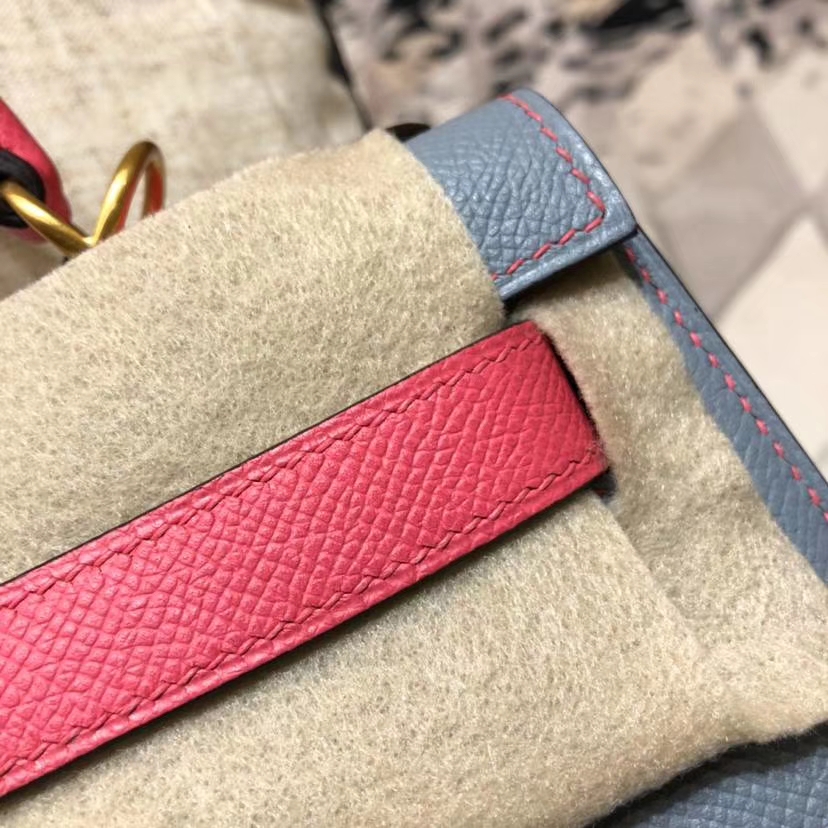 爱马仕拼色凯莉包 Hermes Kelly28CM 冰川蓝拼唇膏粉Epsom牛皮 金扣