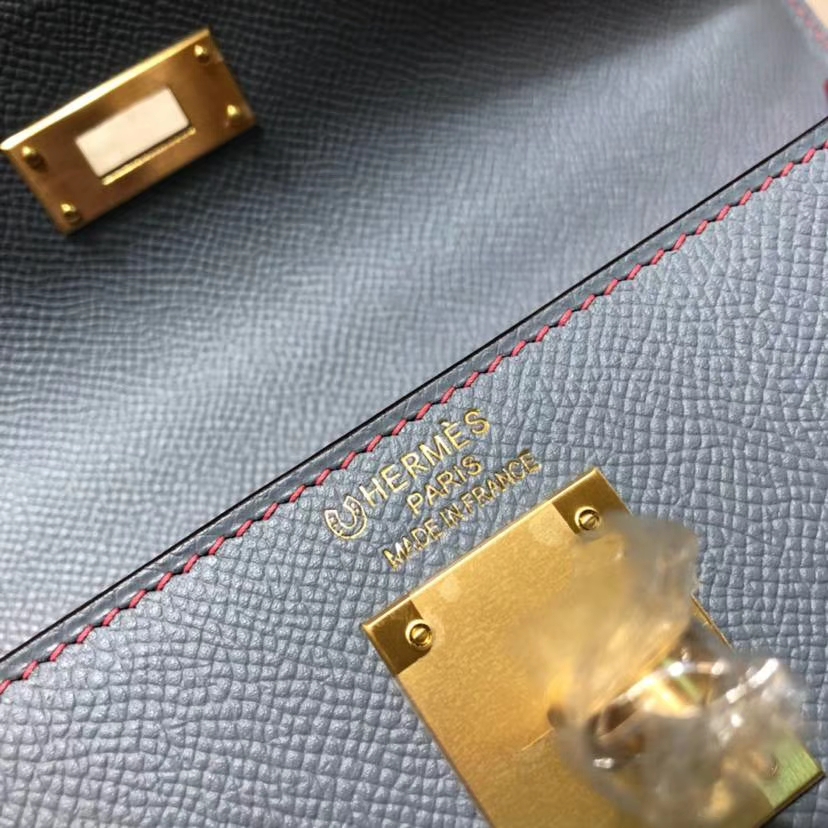 爱马仕拼色凯莉包 Hermes Kelly28CM 冰川蓝拼唇膏粉Epsom牛皮 金扣