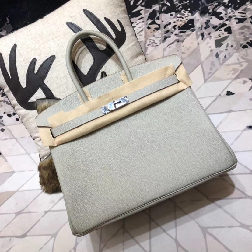 爱马仕拼色铂金包 Hermes Birkin35CM 珍珠灰内拼樱花粉Togo牛皮 银扣