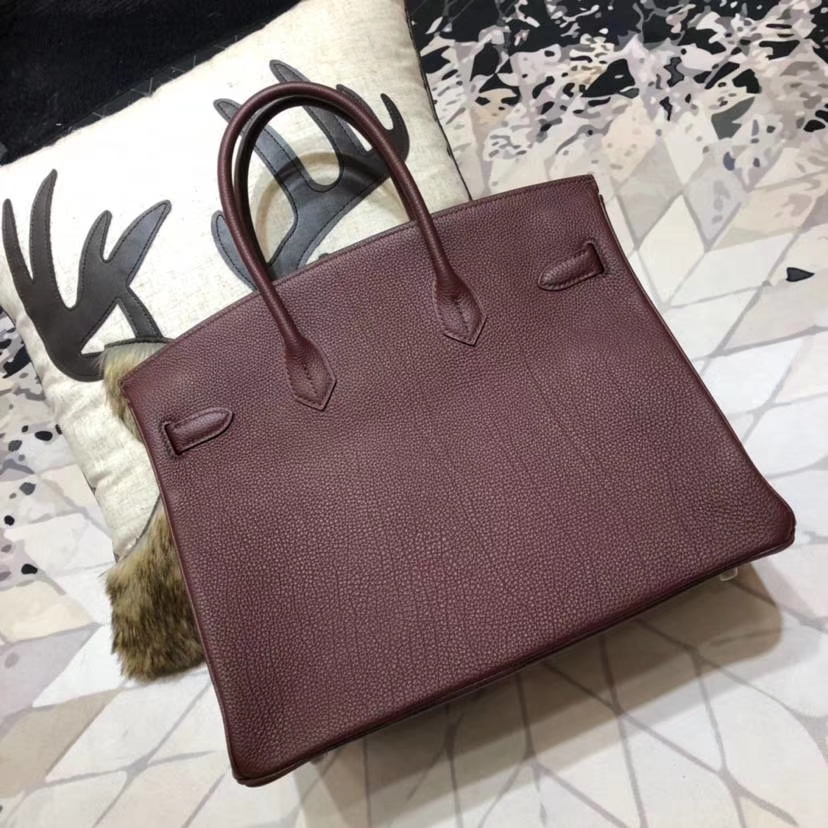 Hermes包包官网 爱马仕57波尔多酒红法国Togo小牛皮铂金包Birkin35CM 银扣