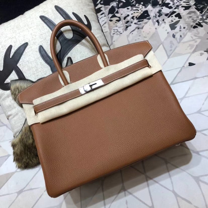 Hermes Birkin35CM 爱马仕土黄色法国小牛皮Birkin女包铂金包 银扣
