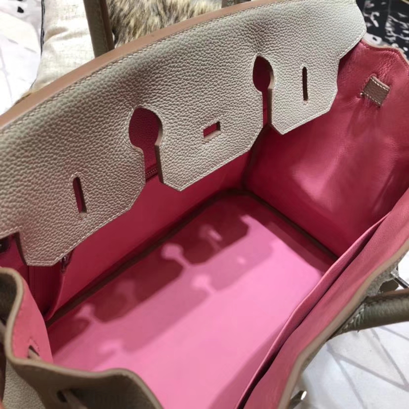 爱马仕拼色铂金包 Hermes Birkin35CM 珍珠灰内拼樱花粉Togo牛皮 银扣