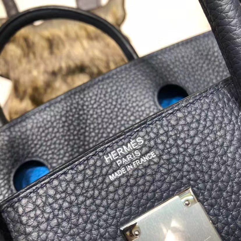 Hermes Birkin30CM 爱马仕午夜蓝Togo牛皮拼希腊蓝Swift皮拼色铂金包 银扣
