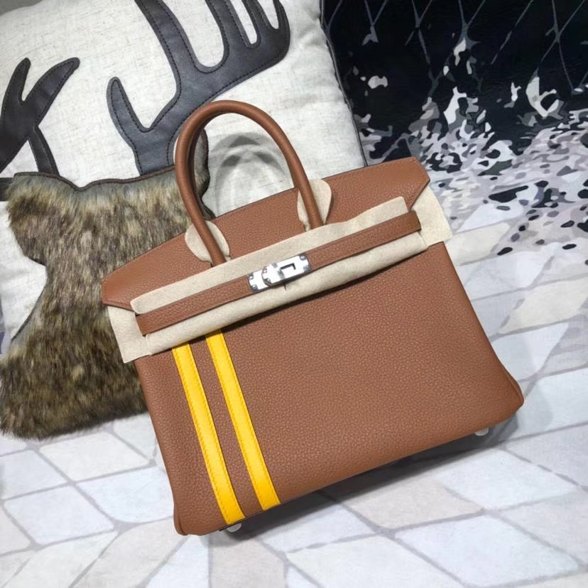 Hermes最新款铂金包 爱马仕土黄色togo皮拼琥珀黄Swift牛皮Birkin25CM 银扣