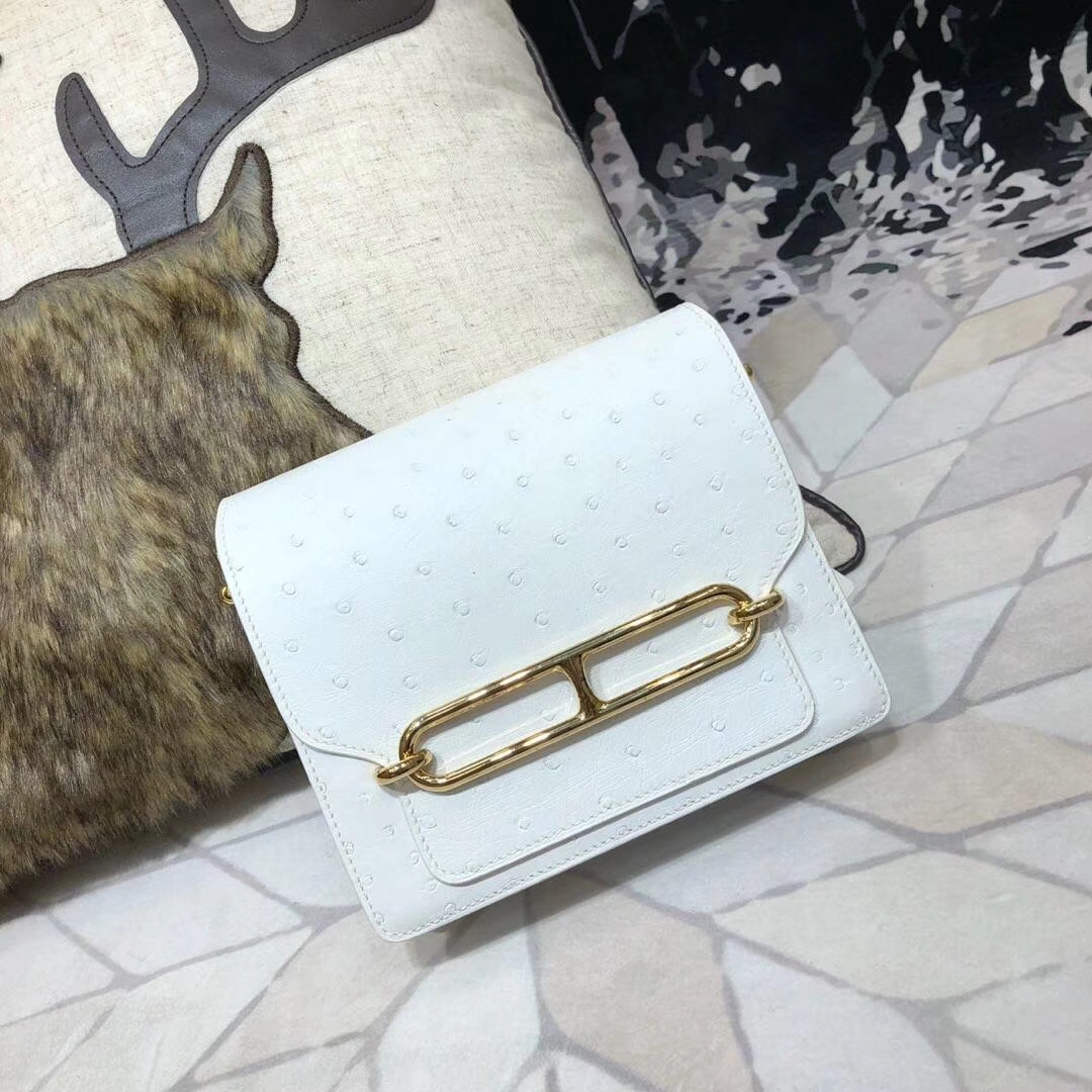 Hermes Roulis18CM 爱马仕纯白色顶级南非鸵鸟皮猪鼻子包单肩女包 金扣