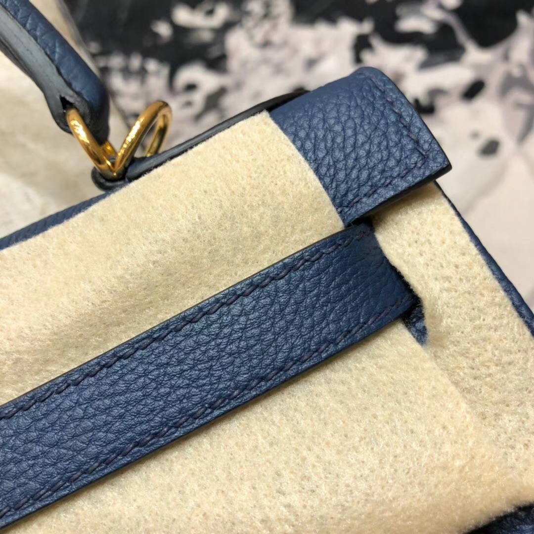 爱马仕Kelly包包 Hermes原厂Togo小牛皮凯莉包Kelly28CM 73宝石蓝 金扣