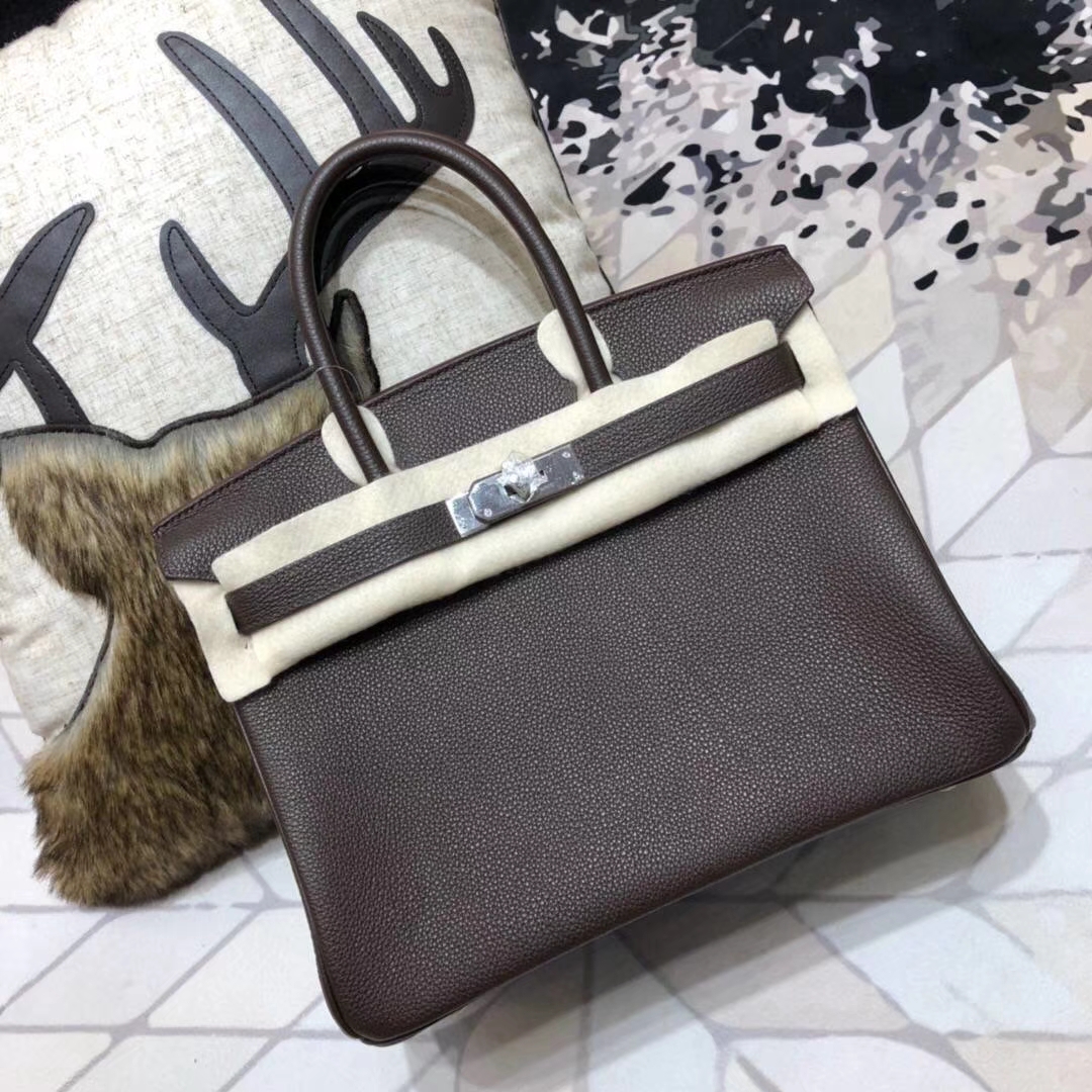 爱马仕Birkin包包 Hermes深啡色Togo小牛皮铂金包Birkin30CM 银扣