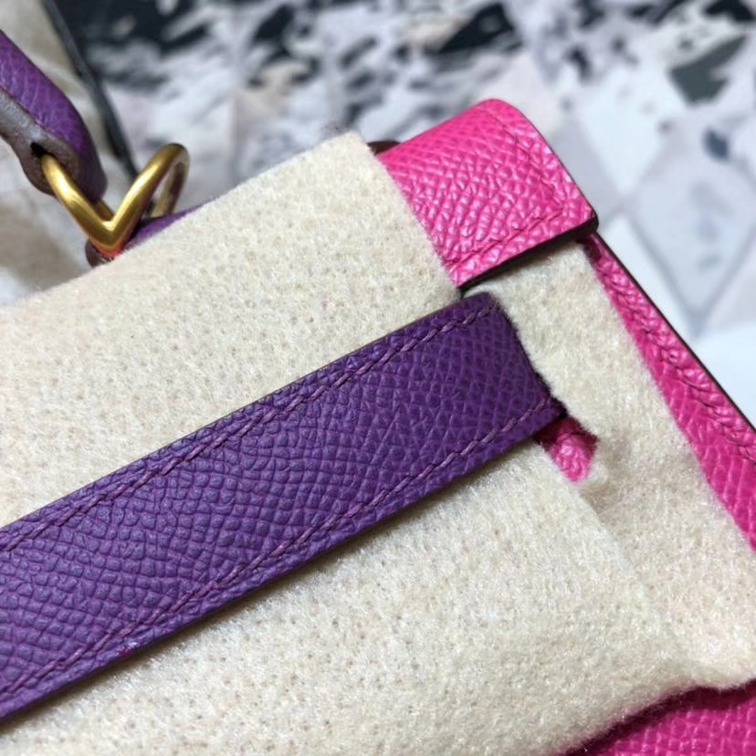Hermes包包官网 爱马仕玫红拼海葵紫进口Epsom牛皮凯莉包Kelly28CM 金扣