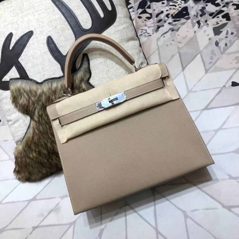 爱马仕凯莉包尺寸 Hermes Kelly28CM 斑鸠灰顶级Epsom牛皮 银扣