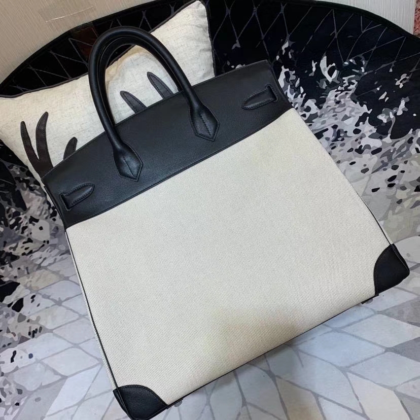 爱马仕新款包包 Hermes HAC 黑色Swift牛皮拼帆布手提包40*45CM 银扣