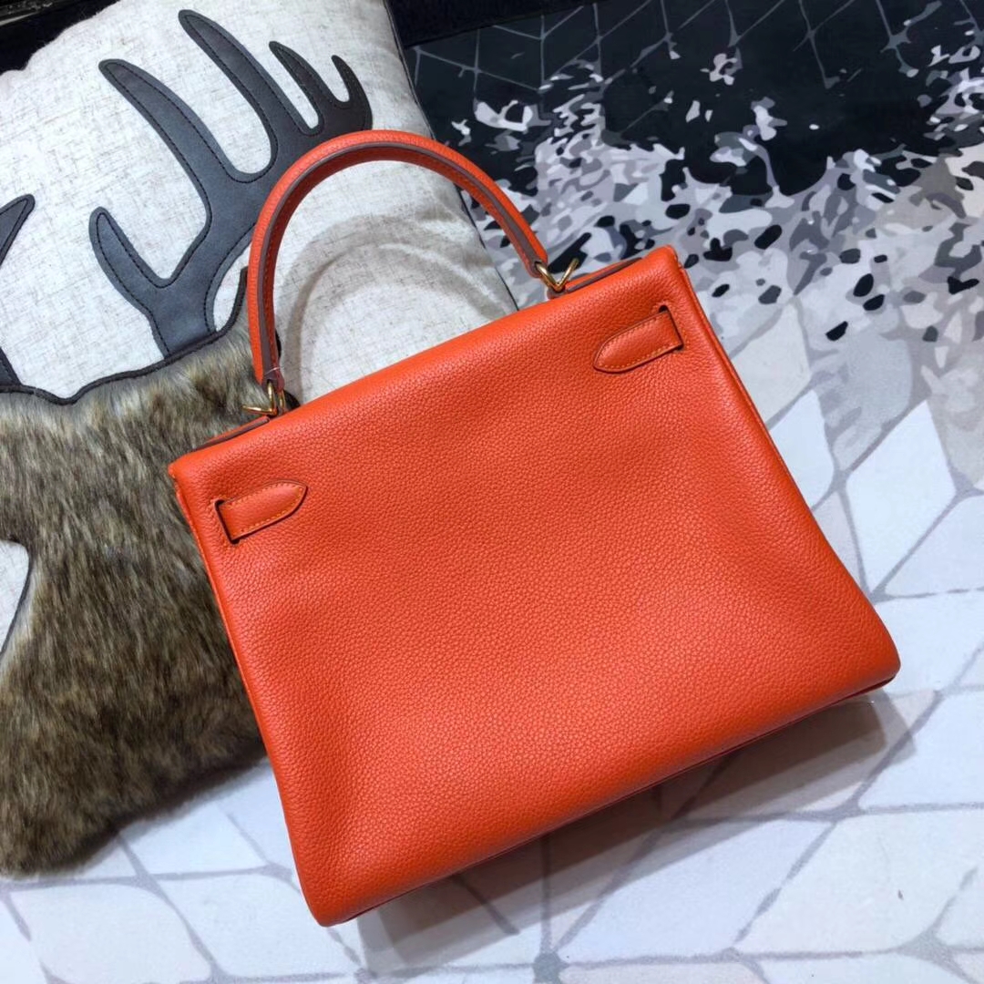 爱马仕凯莉包价格 Hermes Kelly28CM 9J火焰橙Togo小牛皮 金扣