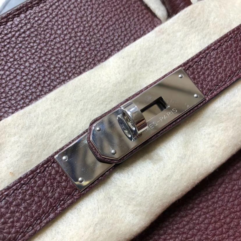 Hermes包包官网 爱马仕57波尔多酒红法国Togo小牛皮铂金包Birkin35CM 银扣