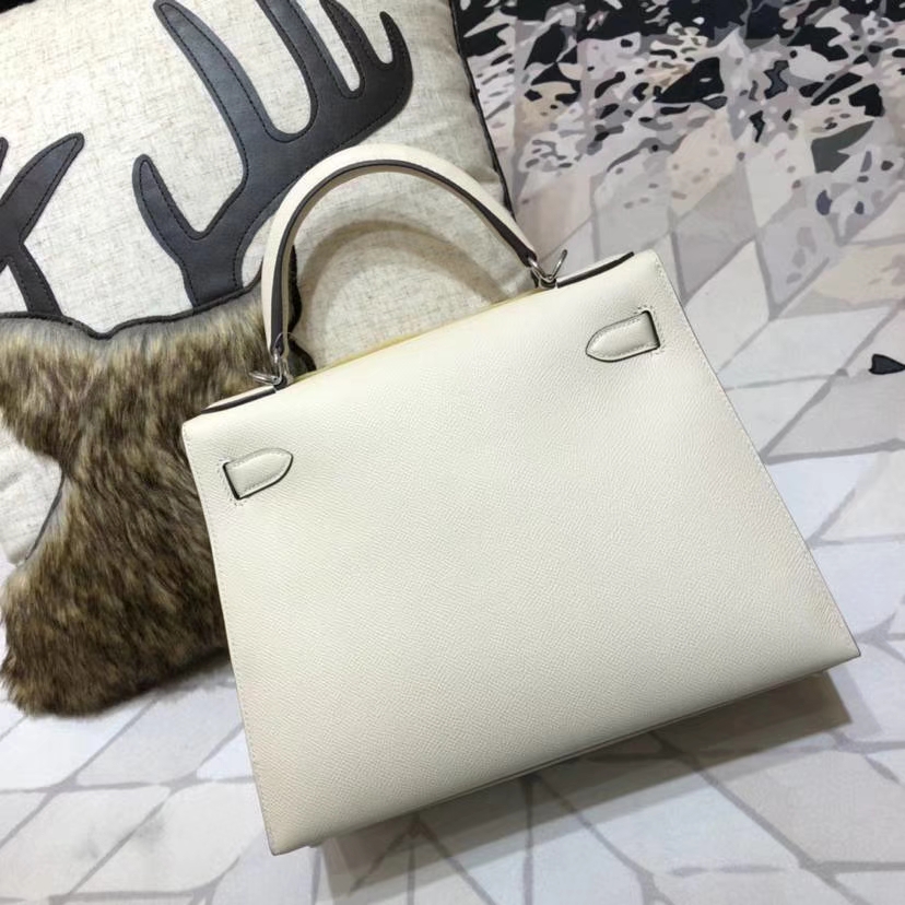 爱马仕Kelly女包 Hermes奶昔白顶级Epsom牛皮凯莉包Kelly28CM 银扣