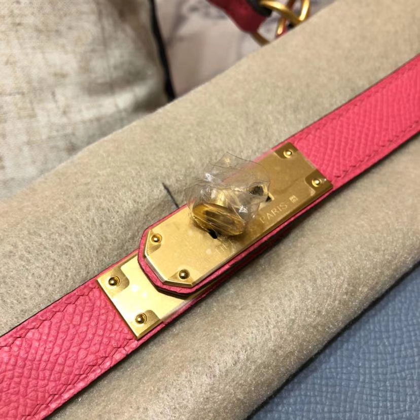 爱马仕拼色凯莉包 Hermes Kelly28CM 冰川蓝拼唇膏粉Epsom牛皮 金扣