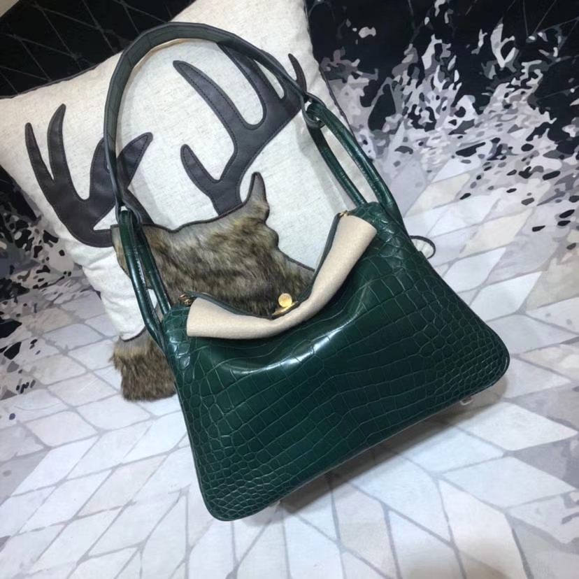 Hermes Lindy30CM 爱马仕孔雀绿亚光尼罗鳄鱼皮琳迪包 金扣