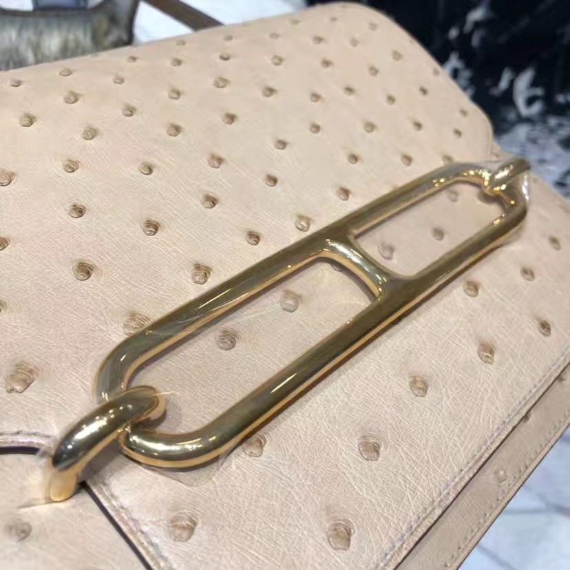 Hermes Roulis24CM 爱马仕羊毛白进口南非鸵鸟皮猪鼻子包斜挎女包  金扣