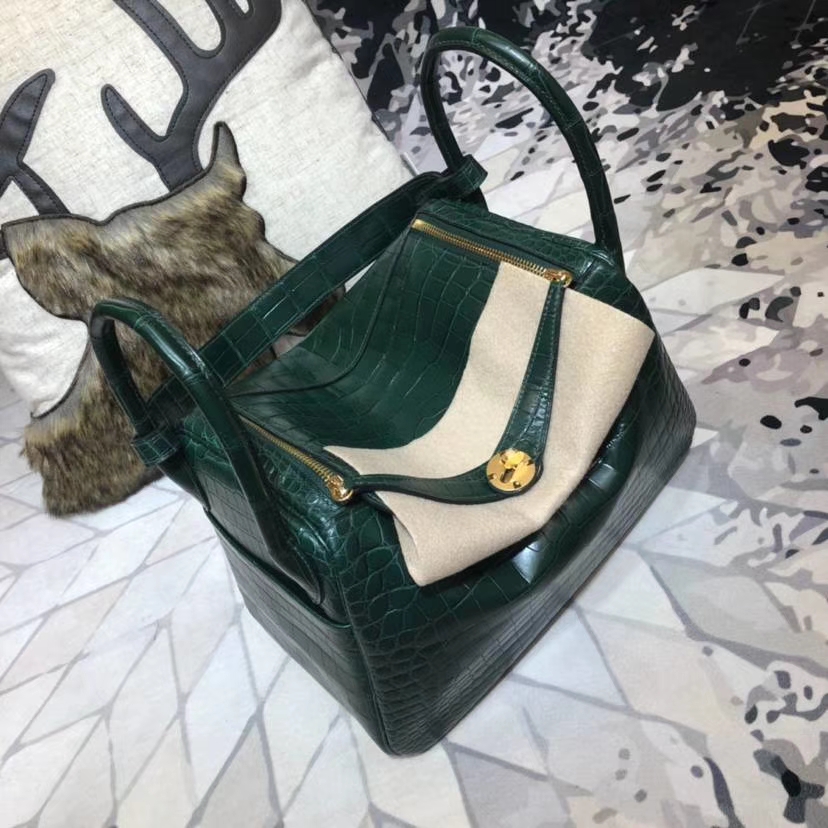 Hermes Lindy30CM 爱马仕孔雀绿亚光尼罗鳄鱼皮琳迪包 金扣