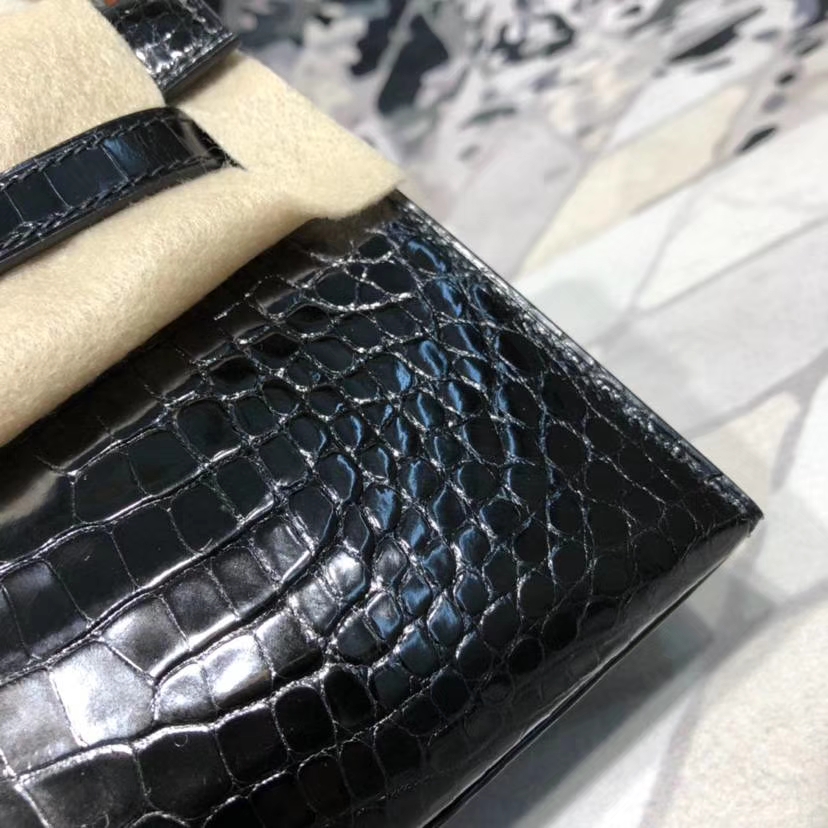 Hermes Mini Kelly 爱马仕黑色美洲鳄鱼皮迷你凯莉包手拿包 金扣