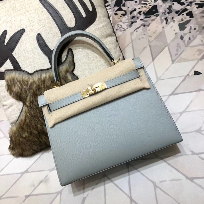 Hermes Kelly28CM 爱马仕冰川灰顶级Epsom牛皮外缝凯莉包 金扣