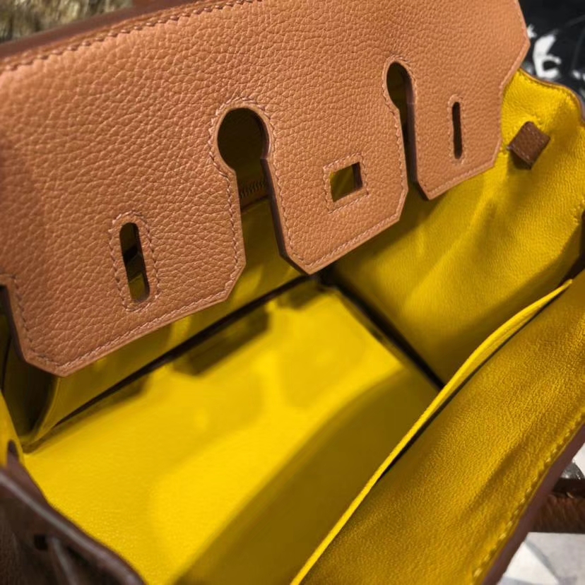 Hermes最新款铂金包 爱马仕土黄色togo皮拼琥珀黄Swift牛皮Birkin25CM 银扣