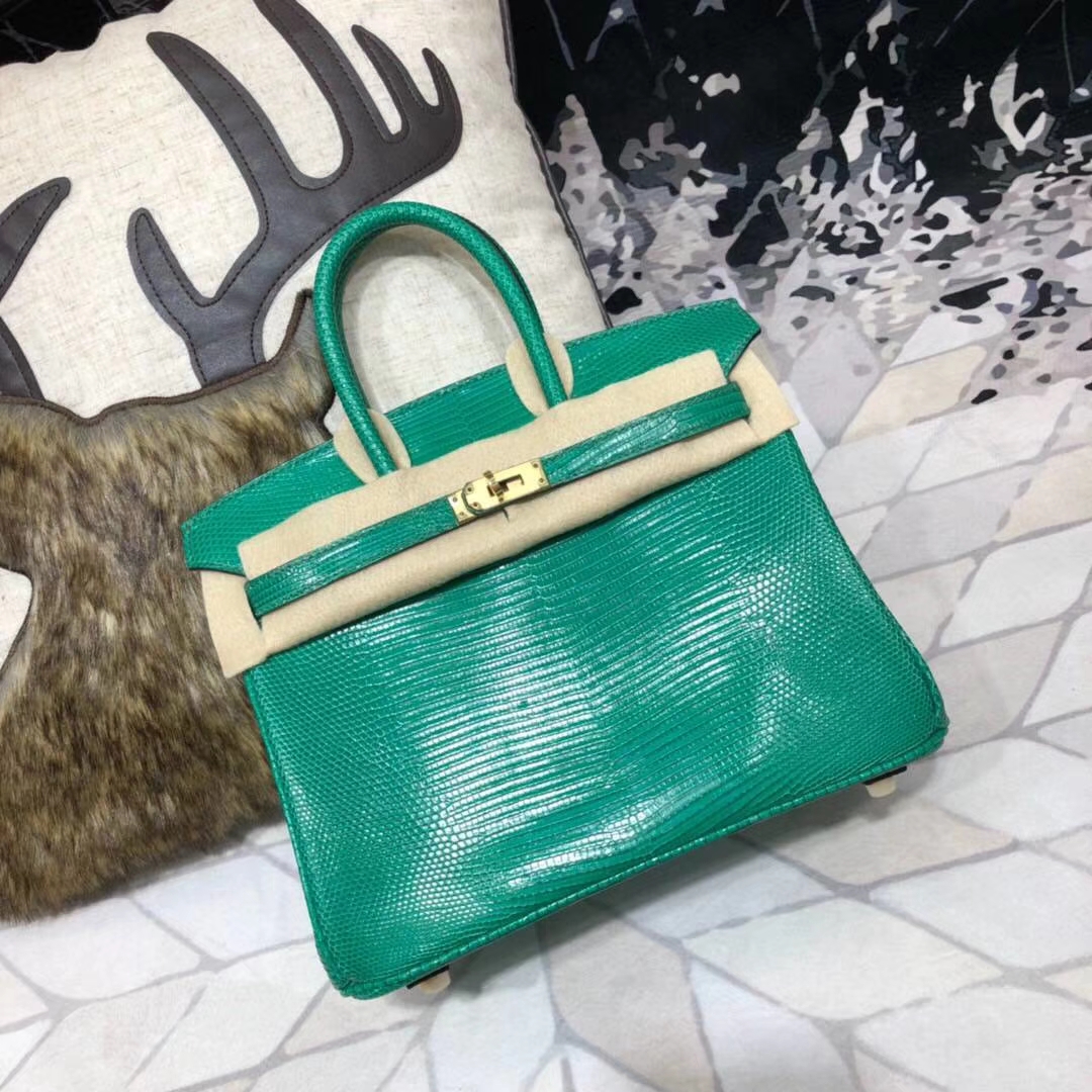 Hermes Birkin25CM 纯手工爱马仕草绿色顶级蜥蜴皮铂金包 金扣
