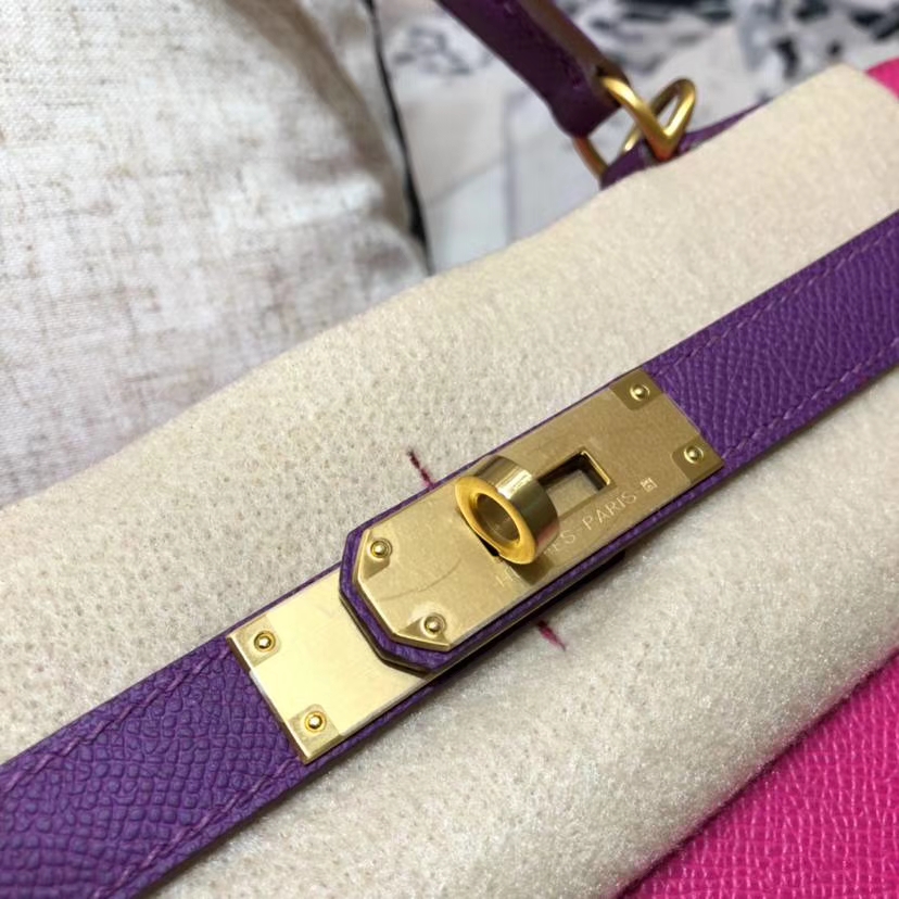 Hermes包包官网 爱马仕玫红拼海葵紫进口Epsom牛皮凯莉包Kelly28CM 金扣