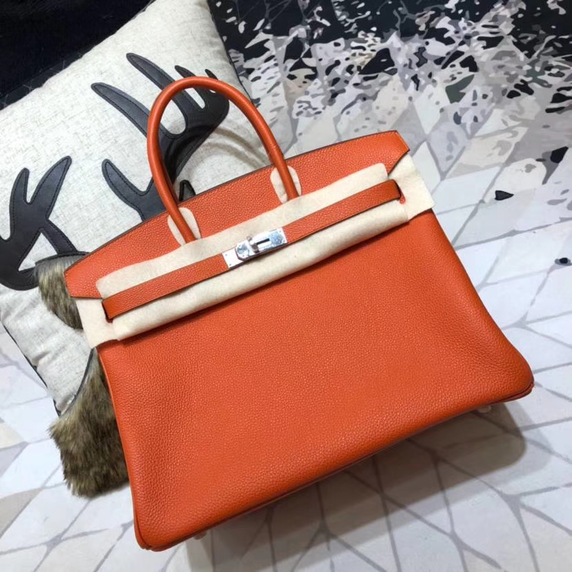 爱马仕包包官网 Hermes Birkin35CM 橙色原厂小牛皮铂金包 银扣