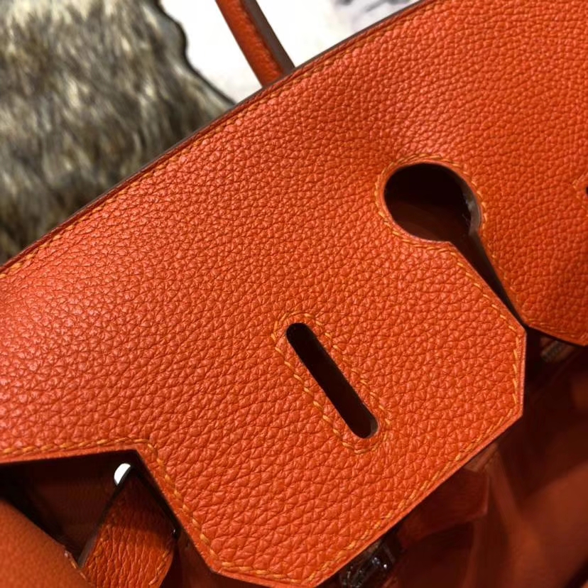 爱马仕包包官网 Hermes Birkin35CM 橙色原厂小牛皮铂金包 银扣