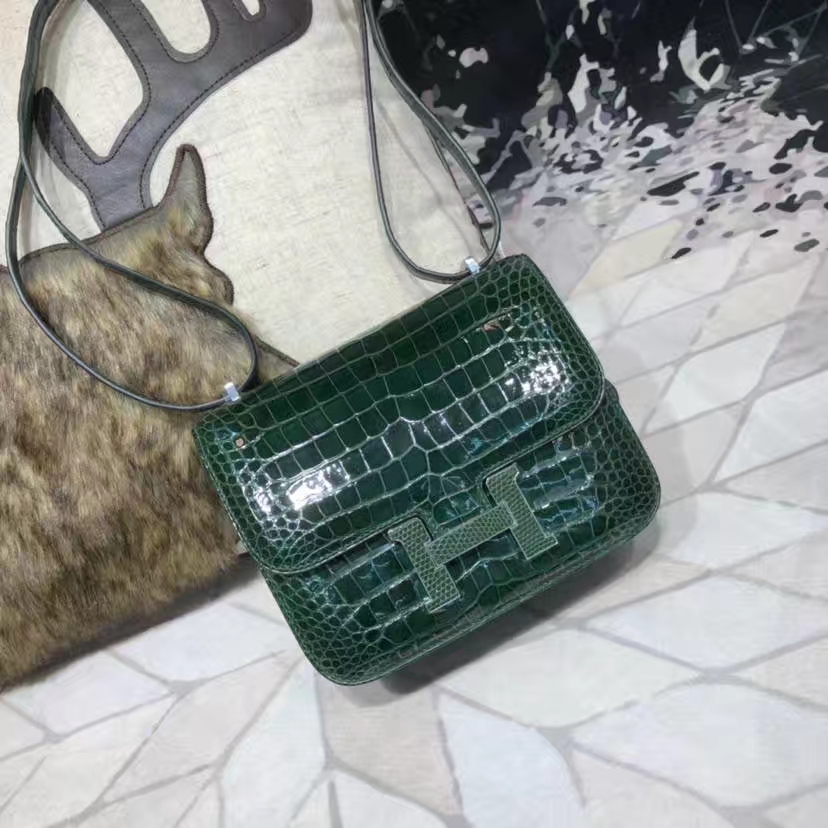 Hermes Constance19CM 爱马仕祖母绿美洲鳄鱼皮空姐包 蜥蜴扣