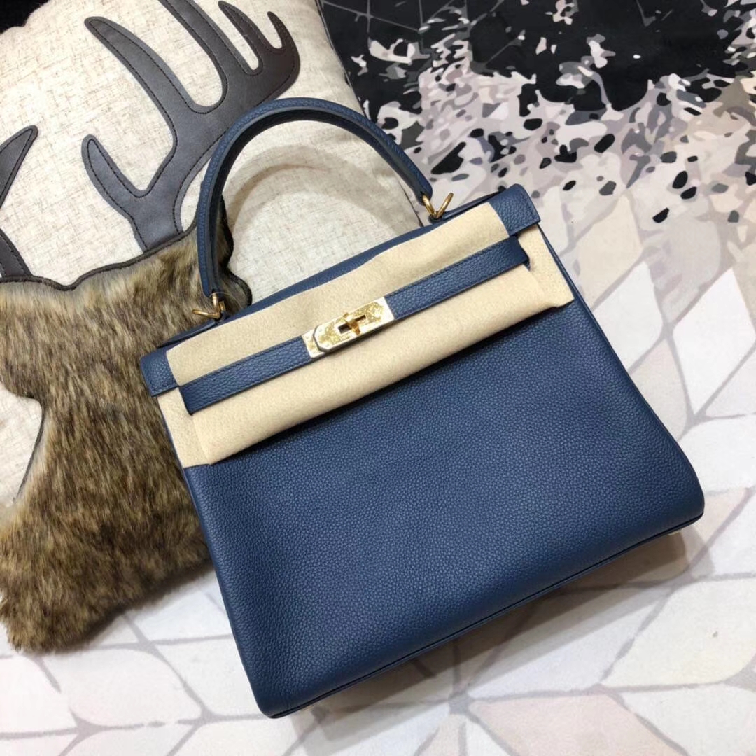 爱马仕Kelly包包 Hermes原厂Togo小牛皮凯莉包Kelly28CM 73宝石蓝 金扣