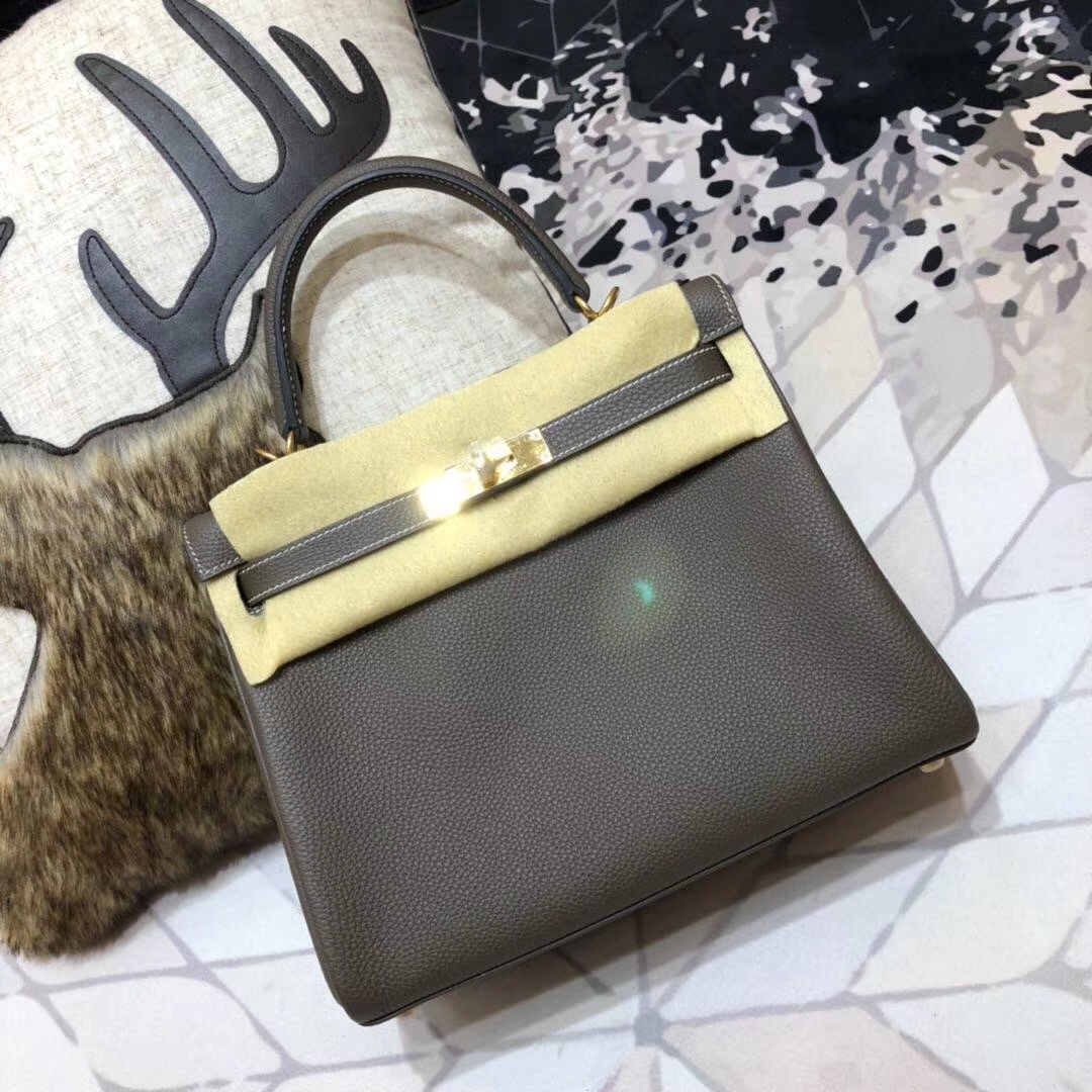 Hermes Kelly28cm 爱马仕深大象灰原厂Togo小牛皮凯莉包 金扣