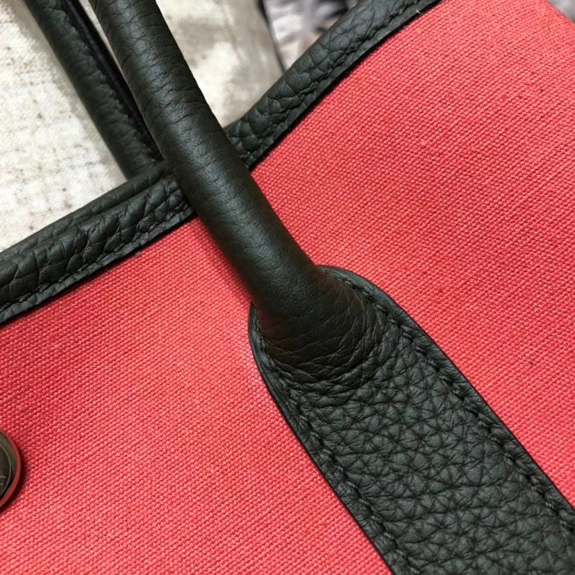 Hermes Garden Party30CM 爱马仕黑色牛皮拼红色帆布花园包手提女包