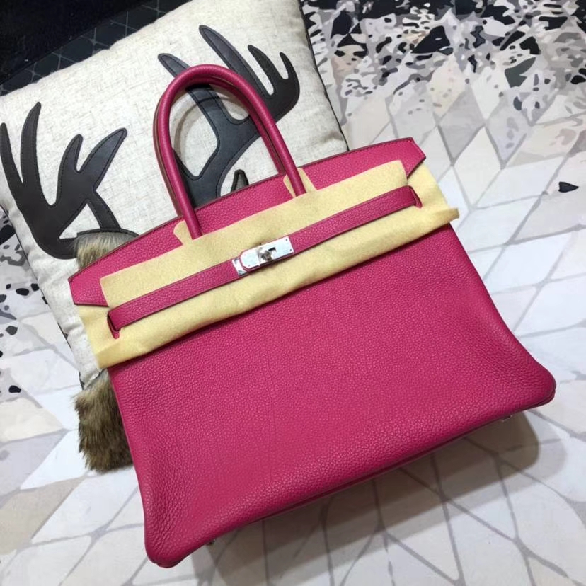 爱马仕Birkin女包 Hermes玫红色原厂Togo小牛皮Birkin35铂金包 银扣