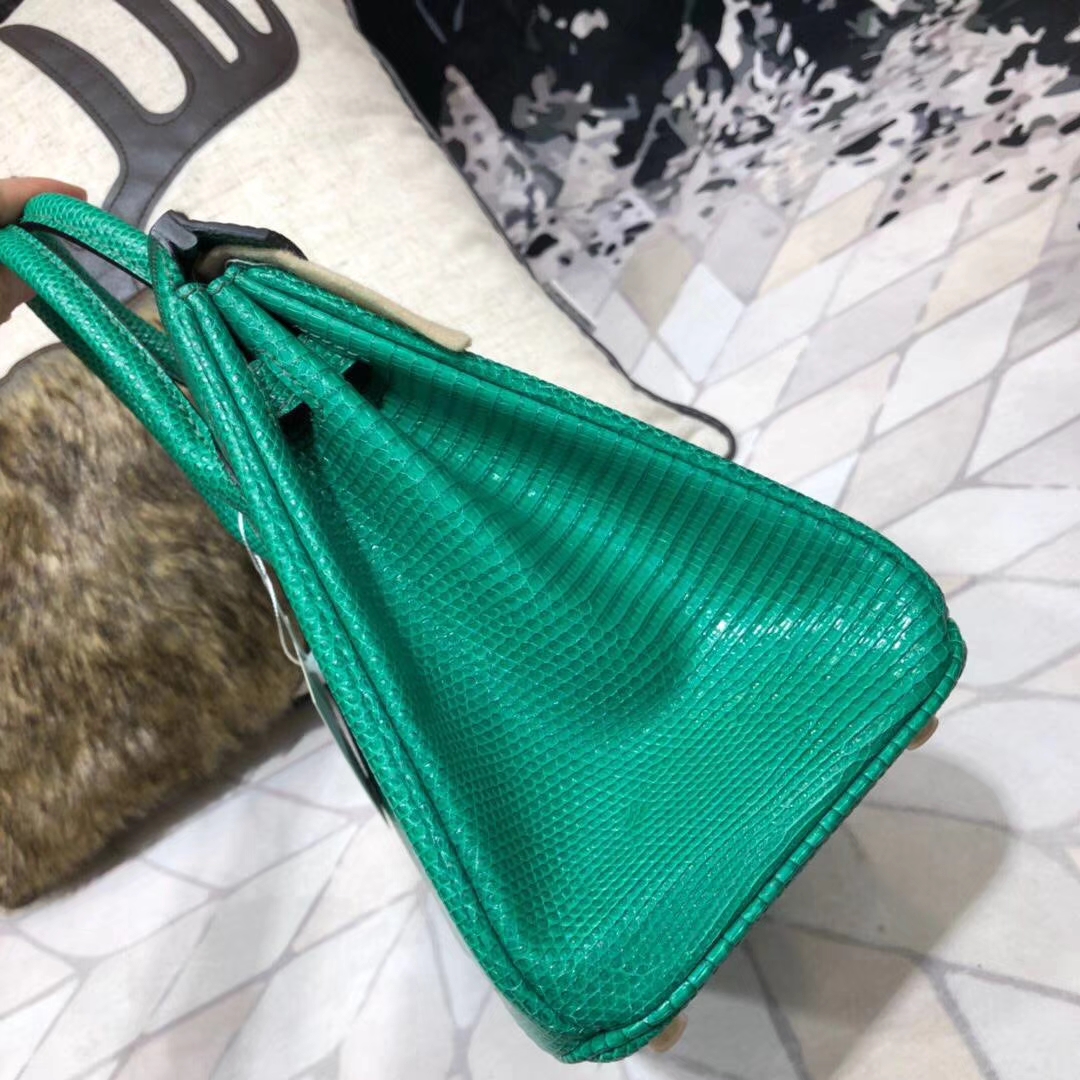 Hermes Birkin25CM 纯手工爱马仕草绿色顶级蜥蜴皮铂金包 金扣