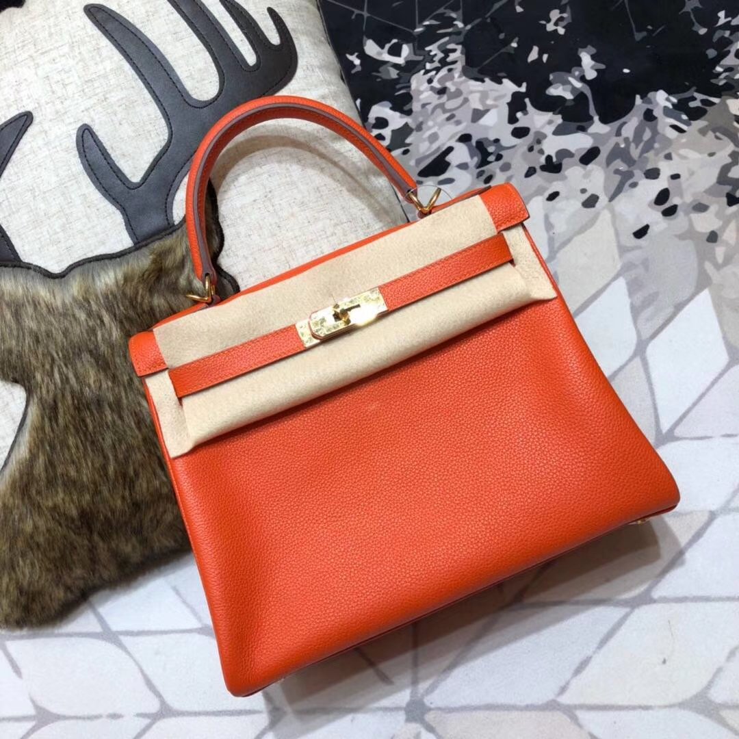爱马仕凯莉包价格 Hermes Kelly28CM 9J火焰橙Togo小牛皮 金扣