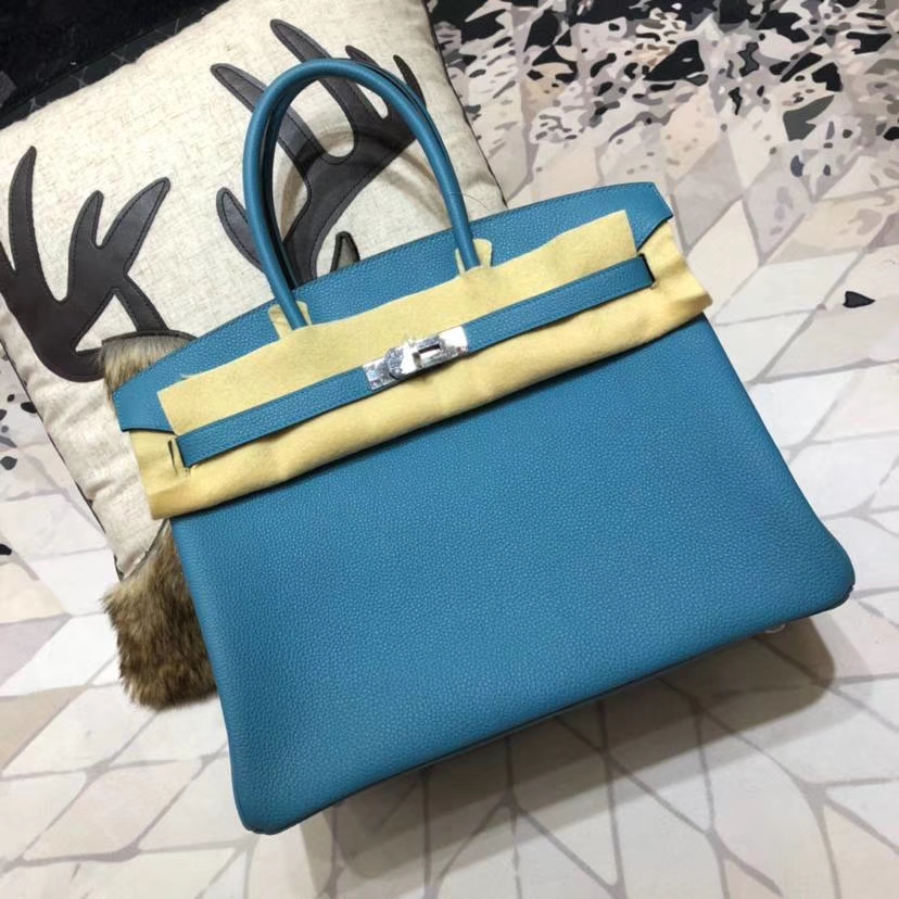 爱马仕Birkin包包 Hermes牛仔蓝法国小牛皮铂金包Birkin35CM 银扣