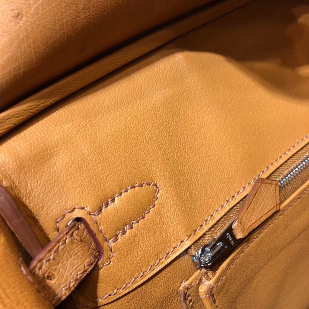 爱马仕铂金包价格 Hermes Birkin25CM 土黄色顶级鸵鸟皮 银扣