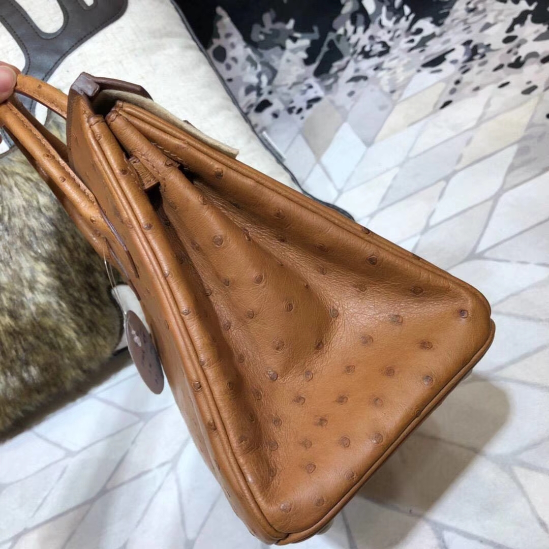 爱马仕铂金包价格 Hermes Birkin25CM 土黄色顶级鸵鸟皮 银扣