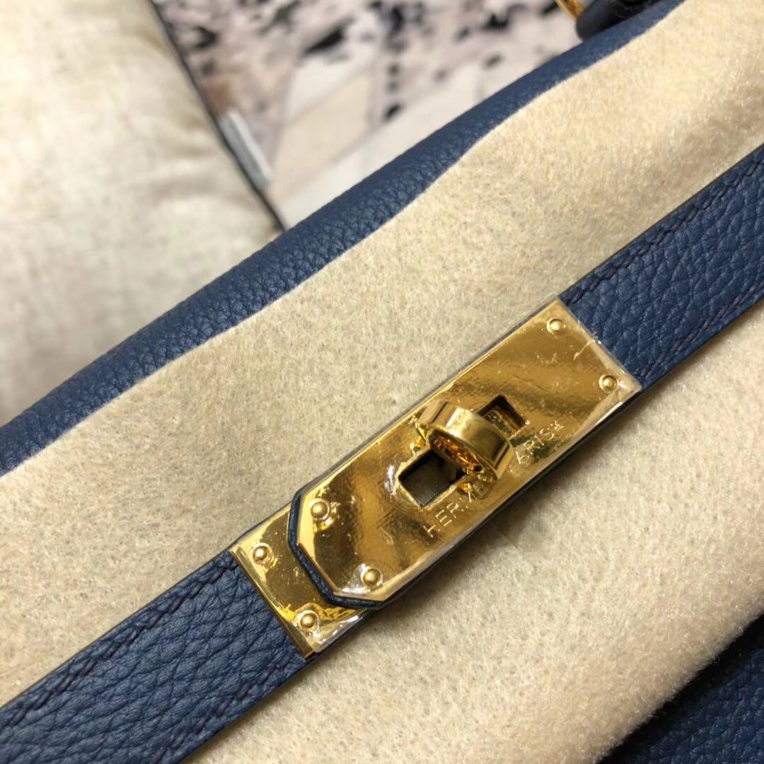 爱马仕Kelly包包 Hermes原厂Togo小牛皮凯莉包Kelly28CM 73宝石蓝 金扣