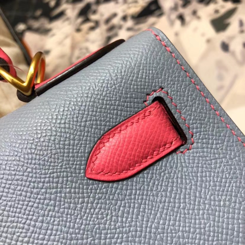 爱马仕拼色凯莉包 Hermes Kelly28CM 冰川蓝拼唇膏粉Epsom牛皮 金扣