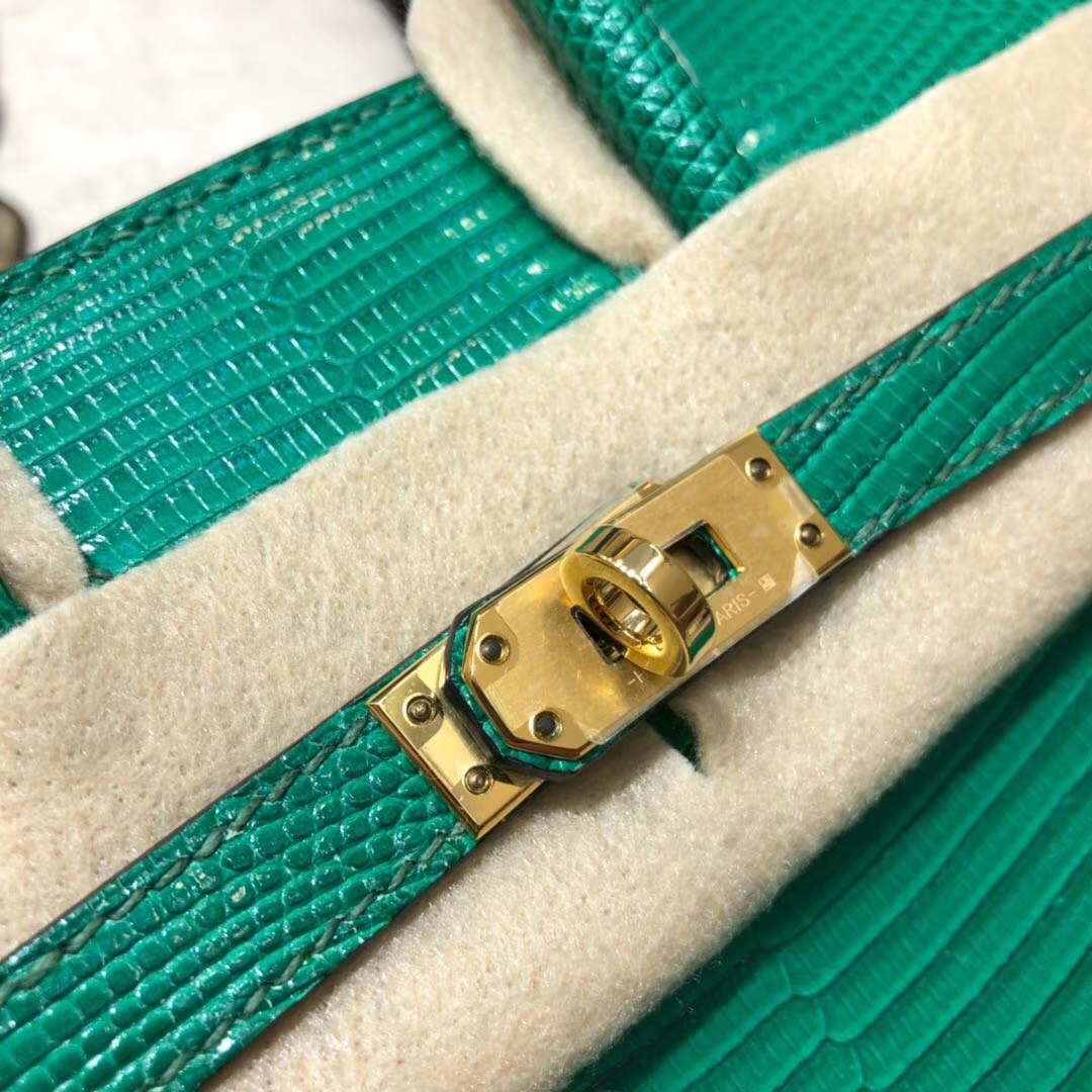 Hermes Birkin25CM 纯手工爱马仕草绿色顶级蜥蜴皮铂金包 金扣