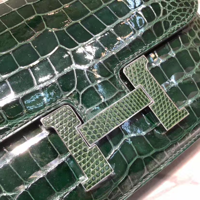 Hermes Constance19CM 爱马仕祖母绿美洲鳄鱼皮空姐包 蜥蜴扣