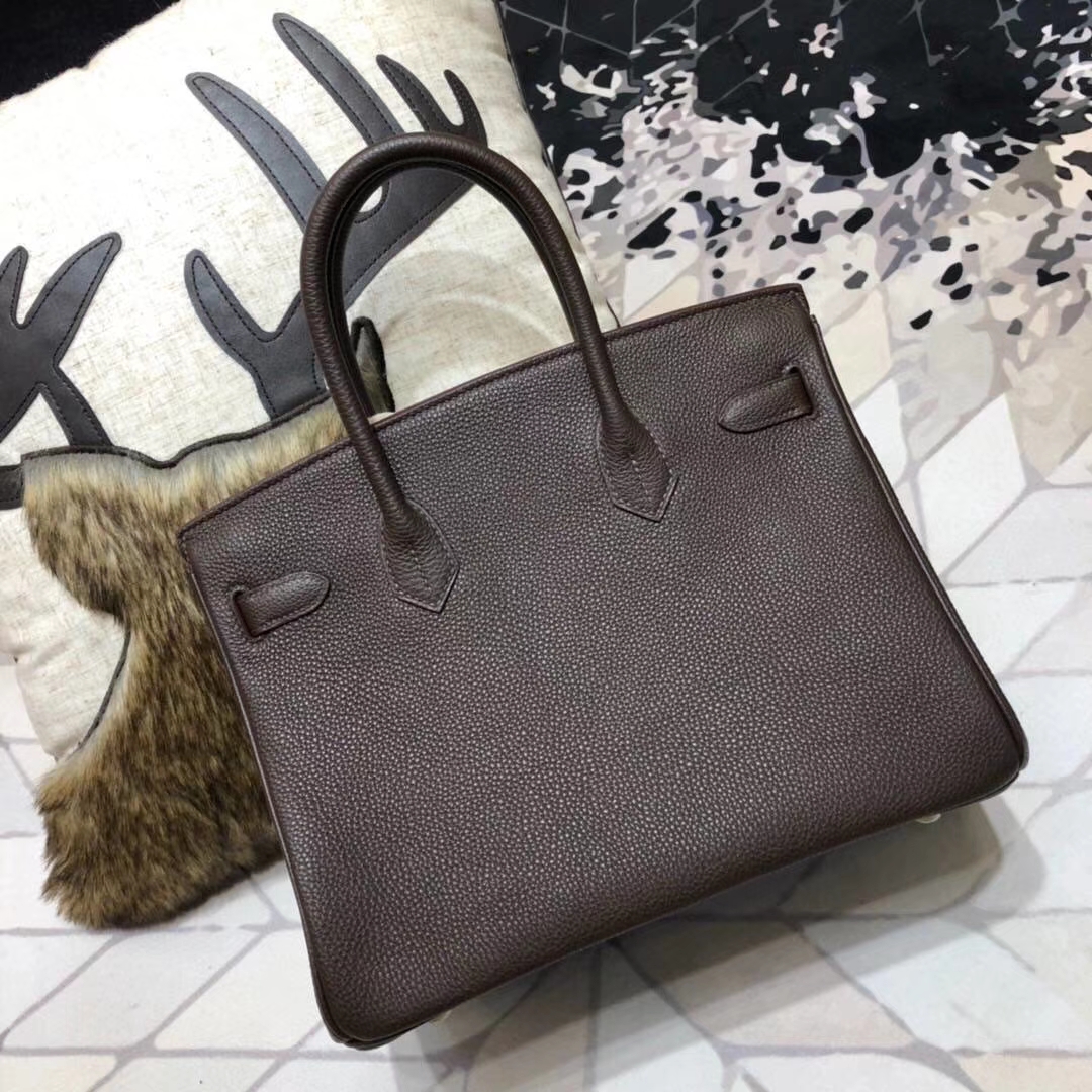 爱马仕Birkin包包 Hermes深啡色Togo小牛皮铂金包Birkin30CM 银扣