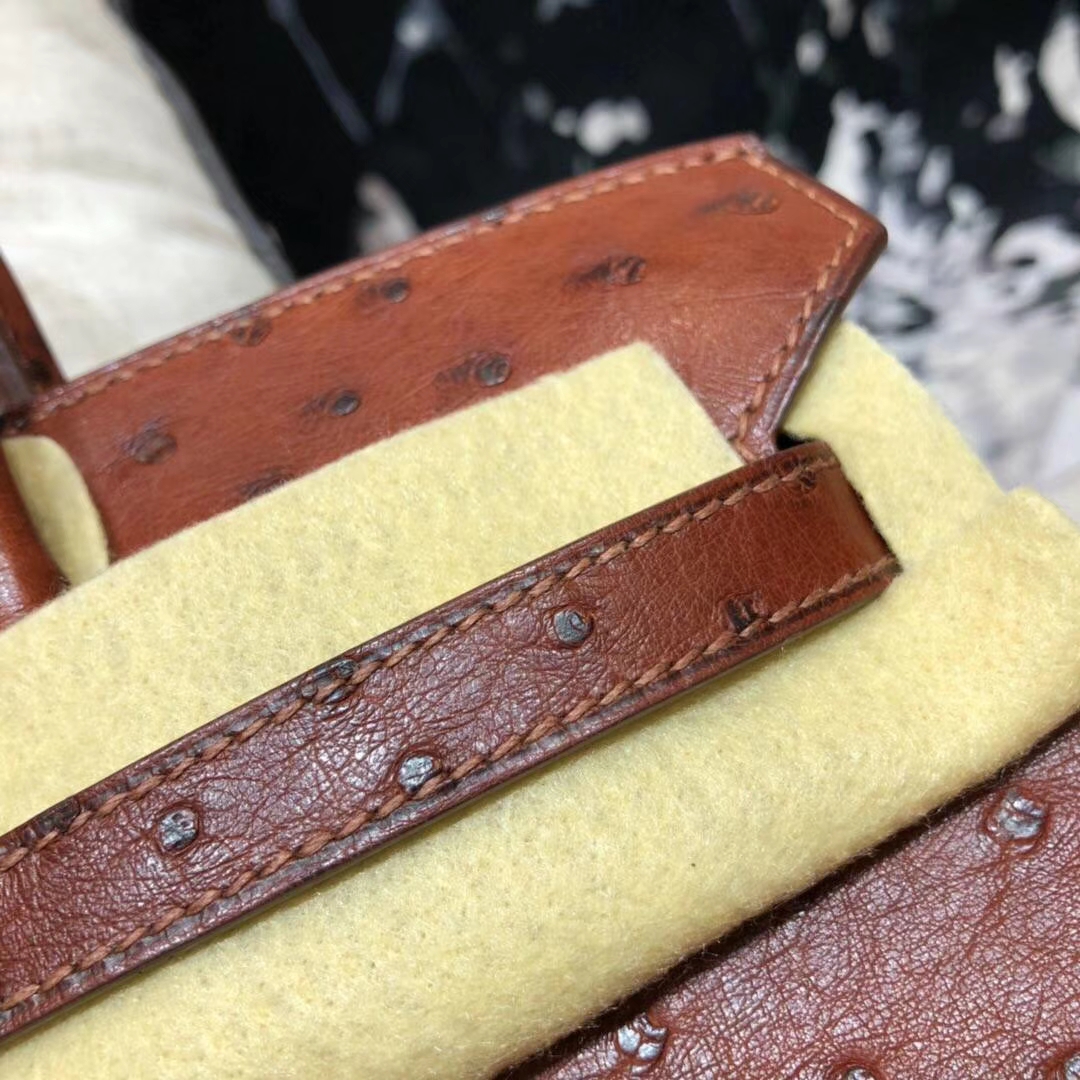Hermes包包官网 爱马仕红棕色顶级鸵鸟皮Birkin25铂金包 金扣